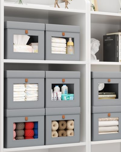 Homsorout Storage Bins with Lid – Closet Organizer with Side Opening and Clear Window, Foldable Stackable Fabric Basket for Clothes, Home, Office - 13.77" x 11.8" x 9.8", 5 Pack, Grey