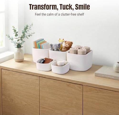 5-Pack Storage Cubes Woven Rope Baskets, 2 Sizes Organizer Bins | Ideal for Closet, Shelf, Bookshelf, Nursery, Changing Table, Cube Storage Bins, Storage Baskets for Bathroom Toy & Home
