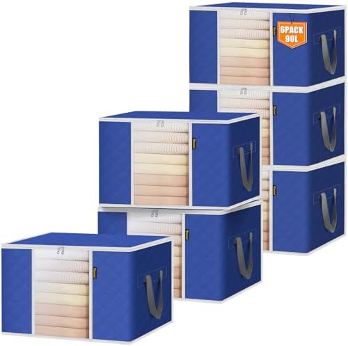 BALEINE 6 Pack Clothes Storage Bags, 24 Gallon Storage Containers with Reinforced Handle, Sturdy Zipper, Closet Organizer for Blanket, Comforter, Pillow, Bedding (Blue, 6 Pack)