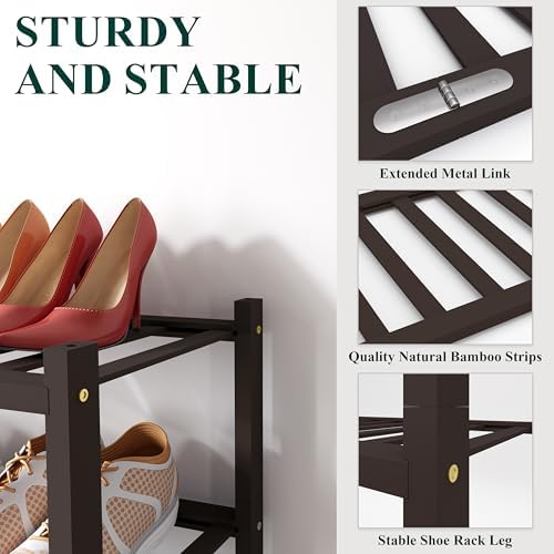 Smiry Bamboo Shoe Rack, 12 Vertical Slats, 2 Tier - 26.8" Wide, Brown
