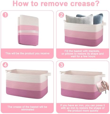 OIAHOMY Extra Large Blanket Basket, 95L Cotton Rope Woven Laundry Basket, Toy Bin for Baby Room, Container for Blanket Storage in Living Room, 24''×17''×14'', Gradient Pink
