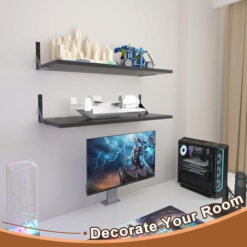 Long Wall Shelves, 48" W x 12" D Large Floating Shelves Set of 2, Wide Display Wood Shelf Wall Mounted with Heavy-Duty Metal Brackets for Bedroom Books, Living Room, Kitchen, Black
