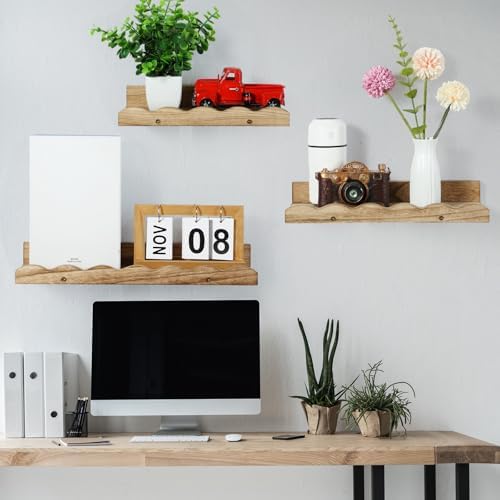 Suzile 2 Pcs Scalloped Floating Wall Shelves,16.5",Light Brown | Scalloped Edge, Book Display, Plant Display, Photo Frames, Toy Storage, Nursery, Bedroom, Bathroom, Aesthetic Decor