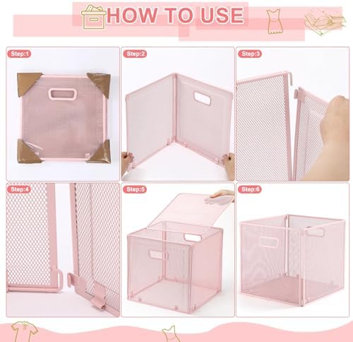 Funnymoom 2 Pcs Pink Foldable Metal Wire Basket with Handles 13 x 13 Inch