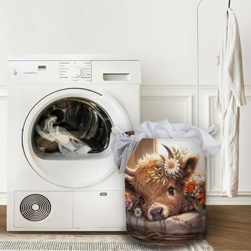 Highland Cow Laundry Basket, Farmhouse Floral Western Cow Waterproof Collapsible Laundry Hamper Dirty Clothes Storage Toy Bin Organizer for Nursery Girls Kids Room Bathroom Bedroom