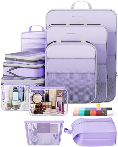 Veken 11 Set Compression Packing Cubes Garment Bags for Travel Essentials,Compressible Expandable Luggage Organizer Bags for Clothing,Space Saver Bags with Over 1000 pcs of Mesh Holes(Light Purple)
