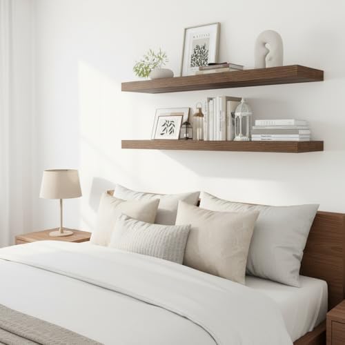 Vivelove Deep Floating Shelves 36x12” Set of 2, Walnut | Easy Install With Hardware, 2" Thick, Invisible Brackets, Wall Mounted, No Sagging, For Any Room