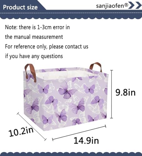 Sanjiaofeng Rectangular Kids Basket Butterfly Storage Bins,Girls Storage Basket with Handles.Clothers,Toys,Books,Kid's Gifts Bins. (Purple Butterfly)