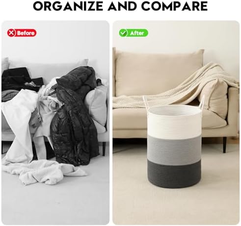 Laundry Basket Hamper Tall Rope Storage Woven for Blanket toys Dirty Clothes in Living Room Bathroom Bedroom (Gradient Grey, 100L/26.4Gal)