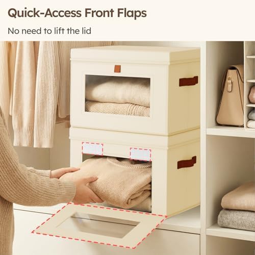Homsorout Storage Bins with Lids - Front Opening Storage Box with Clear Window & Handles, Stackable Foldable Fabric Bins for Closet Organization, Clothes, Sweaters, Towels, Blankets, 6 Pack, Beige