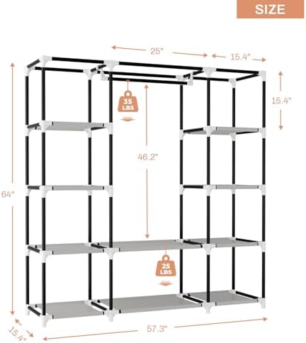 VTRIN Portable Closet Wardrobe for Hanging Clothes 57.3 Inch Large Capacity Clothes Rack with Cover, 10 Storage Organizer Shelves, 1 Hanging Rods and 6 Pockets, Free Standing Closet, Printing