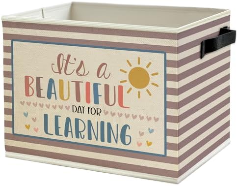 Boho Classroom Storage Bins Box with Handles, It's a Beautiful Day for Learning Neutral Striped Collapsible Basket Organizer for Classroom Kids Room Bedroom Playroom Books Clothes