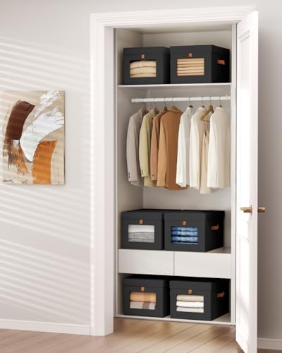 Homsorout Storage Bins with Lid – Closet Organizer with Side Opening and Clear Window, Foldable Stackable Fabric Basket for Clothes, Home, Office - 13.77" x 11.8" x 9.8", 6 Pack, Black