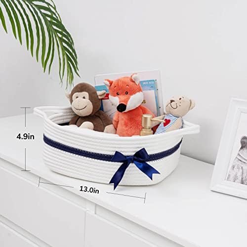 CHICVITA Small Woven Rope Gift Basket, Decorative Shelf Basket, White Blue