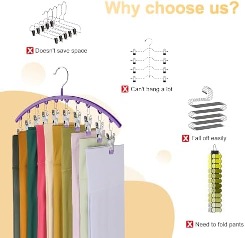 Volnamal Legging Organizer for Closet,1 Pack Metal Yoga Pants Hanger-Purple | Clothes Hanger w/10 Clips Hold 10 Leggings,Space Saving Hanging Closet Organizer College Dorm Essentials Apartment Essential
