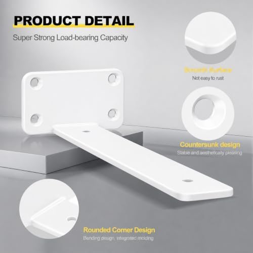 8 Pack - 16 inch White Hidden L Shelf Bracket (1/5 Inch Thicked) Iron Floating Shelf Brackets Rustic Industrial Metal Brackets for Shelf Support