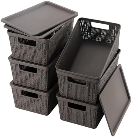 6 Pack Plastic Storage Baskets with Lid,Grey Stackable Bins