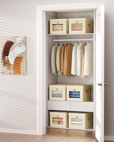 Homsorout Storage Bins with Lid – Closet Organizer with Side Opening and Clear Window, Foldable Stackable Fabric Basket for Clothes, Home, Office - 13.77" x 11.8" x 9.8", 6 Pack, Beige