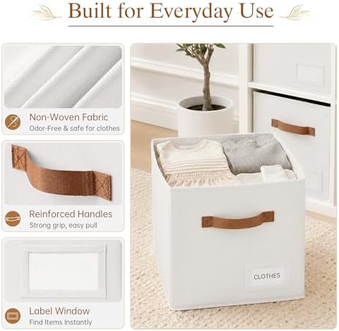 Storage Cubes 10 Pack, 11 Inch Fabric Storage Cubes Organizer Bins with Labels, Odor-Free & Sturdy PP Structure, Cubby Baskets for Closet, Shelves, Toys & Nursery (White)