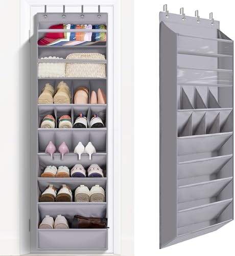 1 Pack Over The Door Shoe Organizer, 8 Shelves Hanging Shoe Organizers, | 68" Exlarge Deep Pockets Shoe Rack for Closet, Shoe Holder for Boots, Sneakers, Heels, Over Door Organizer in Home, RV, Grey