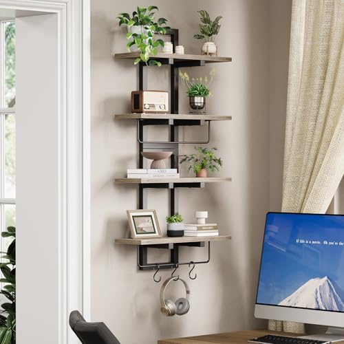 Creso hom Wood Floating Shelf with 6 Hooks, 15" Bathroom Shelves Set of 2