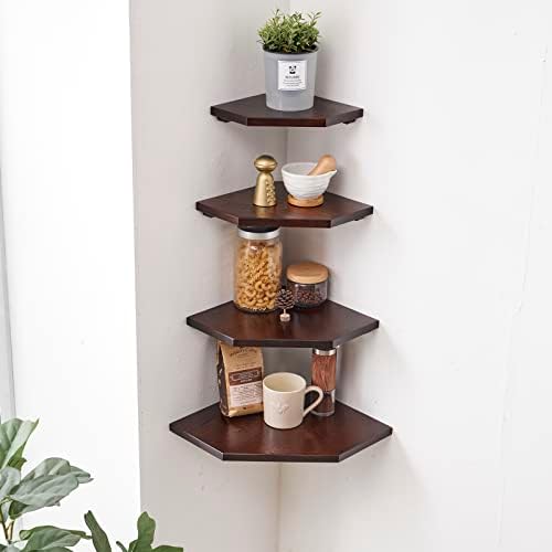 Corner Shelf Wall Mount, Set of 2 Solid Oak Wood Floating Corner Shelves with Wire Hole Display Shelf with Wire Hole Small Plant Display for Kitchen Living Room Bedroom