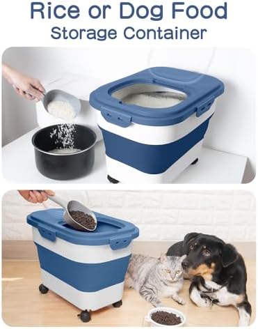 20-30 Lbs Rice Storage Container,Collapsible Food Storage Container | Flour Storage Container with Wheels Airtight Locking Lid,Rice Container Double Seal,Keep Fresh for Pet Food,Rice,Flour