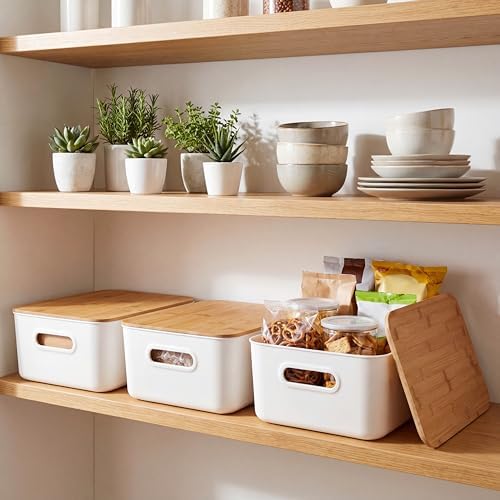 Citylife 16QT Storage Bins with Bamboo Lids, Stackable with Handles, 2-Pack | Decorative Plastic Storage Bins with Lids for Toys, Pantry Items, Crafts, Bathroom Supplies, Shelves, and Home Organization