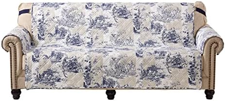 Brilliant Sunshine Blue Toile Loveseat Cover, Beige Ivory Patches, 54" seat