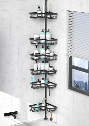 KEGII Corner Shower Caddy Tension Pole, 6-Tier Bathroom Organizer, Black