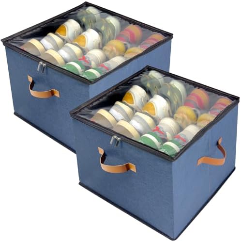 Shoe Organizer for Closet, 2 Pack Shoe Storage Bins with Clear Cover, Adjustable Dividers Fits 16-32 Pairs ShoeBoxes, Organizador de Zapatos, Navy Blue