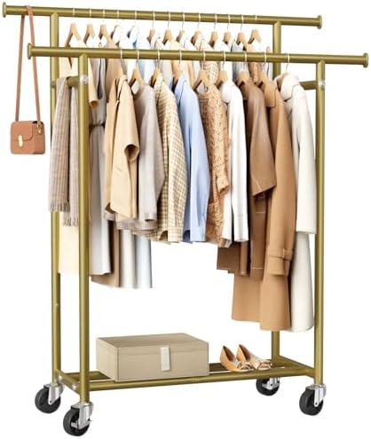 HYSEYY Clothes Rack, Double Rods Rolling Clothing Rack for Hanging Clothes, Portable Garment Rack with Wheels, Coat Rack Wardrobe Closet Load 240 LBS for Bedroom Laundry Room (Glod, L)