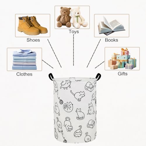 Round Fabric Collapsible Storage Basket with Handles, Black cat
