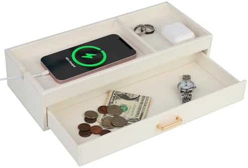 HofferRuffer Valet Jewelry Tray Organizer with Drawer, Faux Leather Storage Catchall Box Phone Charging Station Tray with Dresser Nightstand Desktop Drawer Organizer (White)