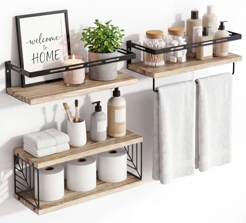 Fixwal Wall Mounted Bathroom Shelves Over Toilet (3+1 Light Brown) | Wall Shelf with Basket Storage , Towel Bar, Solid Wood, 22Lb Capacity, Easy DIY Install