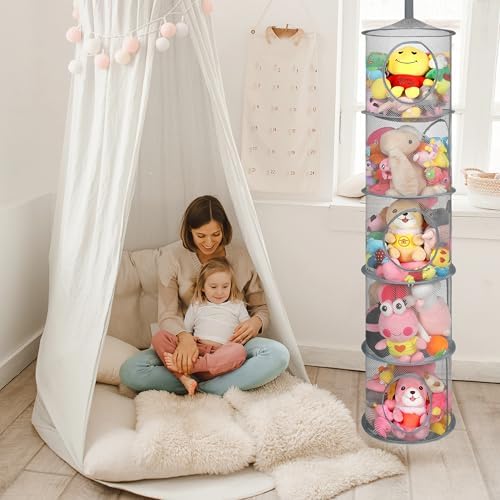 3Pcs Hanging Stuffed Animal Storage Hammock Net 5 Tiers, Grey