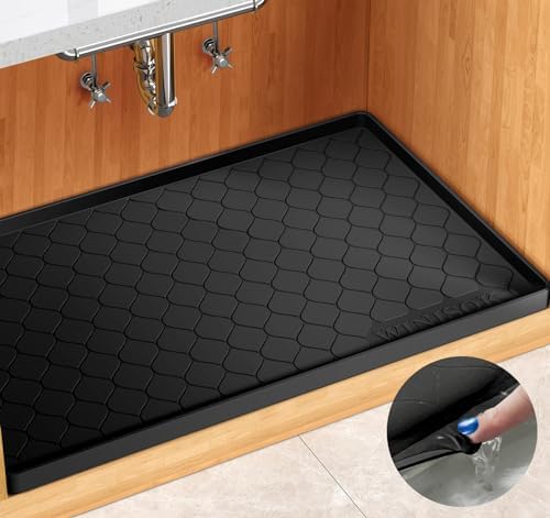 Winisok Waterproof Under Sink Mat 31" x 22", Silicone Mat, Black | Raised Edge Traps Spills & Leaks, Shelf Liner, Cabinet Protector, for Kitchen, Bathroom, Boots, Pets, Home Essentials