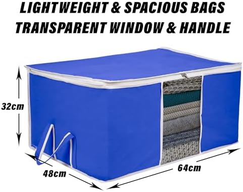 Kuber Industries Non-Woven Underbed Storage Bag|Clothes Storage Organizer|Blanket Cover With Clear Window|Zipper Closure&Handle Cloth Organizer|Plain White Border|Large|Pack Of 6|Royal Blue,32Cm,48Cm
