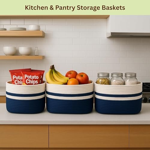 Cotton Rope Baskets for Organizing and Storage, Woven Decorative Baskets for Shelves, Books, Closets. Storage Bins for Living Room, Bedroom | Pack of 3 | Blue