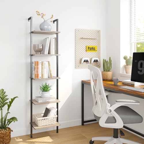 ELYKEN Ladder Shelf, 5-Tier Wood Wall Mounted Ladder Bookshelf | Leaning Storage Shelves with Metal Frame, Vintage Open Display Organizer Rack for Living Room, Bedroom, Home Office, Greige