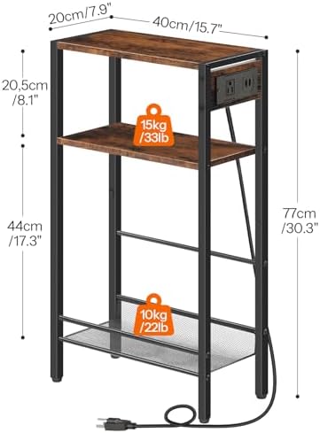 HOOBRO 15.7" Narrow Console Table with Charging Station, 3 Tier Entryway Table for Small Space, Behind Couch Table, Sofa Table, for Entryway, Hallway, Living Room, Rustic Brown and Black BF42UXG01