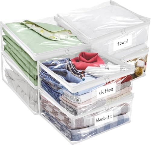 Plastic Storage Bags with Easy-Glide Zipper, Pack of 6, Durable Clear Vinyl Zippered Storage Bags for Clothes Sweaters Comforters Blankets Sheets Bedding (18 x 15 x 4 Inch, Transparent White)