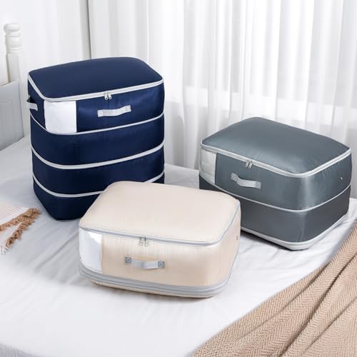 Comforter Storage Bag - 130L Large Capacity Blanket Storage Bags 4-Layer Ultra Space Saving Self Compression Organizer, Washable Compression Bags for Storage Comforter Blanket, 2-Pack, Beige