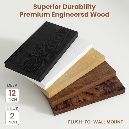 Vivelove Deep Floating Shelves 72x12” Set of 1, Oak | Easy Install With Hardware, 2" Thick, Invisible Brackets, Wall Mounted, No Sagging, For Any Room