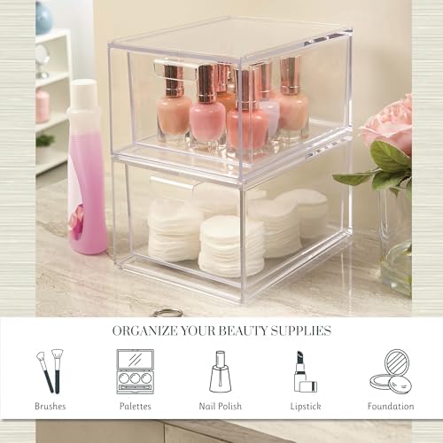 STORi Audrey Stackable Clear Bin Plastic Organizer Drawers | 2 Piece Set | Organize Cosmetics and Beauty Supplies on a Vanity | Made in USA (Pack of 3)