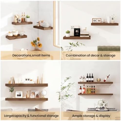 Vivelove Floating Shelves 9 inch Deep 48”Long Set of 2, Walnut | Easy Install With Hardware, 1.5" Thick, Invisible Brackets, Wall Mounted, No Sagging, For Any Room