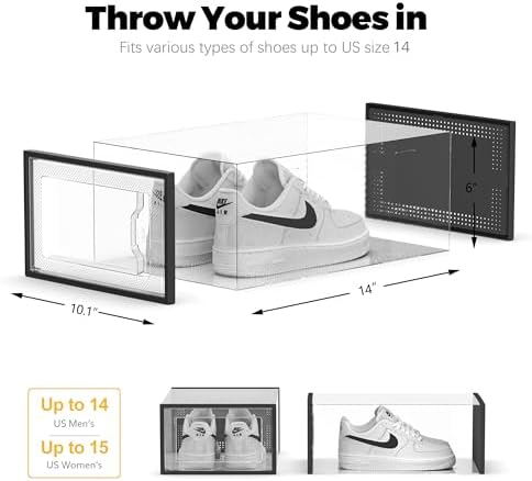 SEE SRPING XX-Large Shoe Storage Box Fit Size 14, Clear Plastic Stackable Shoe Organizer for Closet, Shoe Rack Sneaker Containers Bins Holders, Drawer Organize Unit, 12 Pack Black