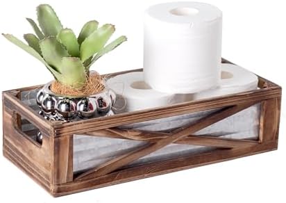 Wooden Toilet Tank Basket, Rustic Bathroom Decor Box, Farmhouse Toilet Paper Organizer Holder, Decorative Bathroom Storage Basket, Barn Door (Brown)