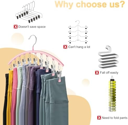 Metal Yoga Pants Hangers 1 Pack w/10 Clips Holds 10 Leggings, Space Saving Hanging Closet Organizer w/Rubber Coated Closet Organizers and Storage, Pink