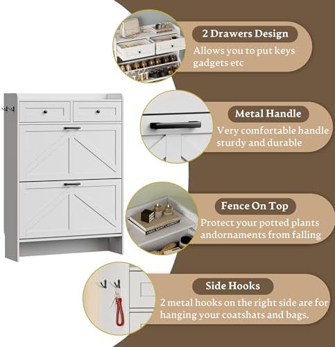 BORNOON Shoe Storage Cabinet for Entryway, Farmhouse Narrow Shoe Cabinet with 2 Flip Drawers & Top Drawers, Adjustable Shelves & Hooks, Freestanding Hidden Rack Organizer for Hallway, Foyer